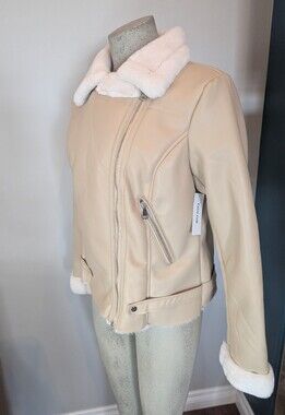 Women's Luxe Faux Leather Faux Shearling Jacket Size M Ivory tan New With Tags